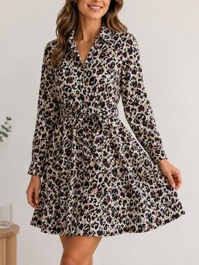 Foxcroft Luxe Leopard No-Iron Shirt Dress Polka Dot Trim Size 12